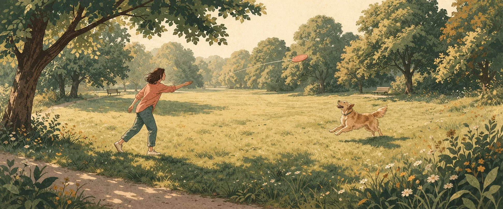 Woman playing frisbee with her dog in a sunlit park